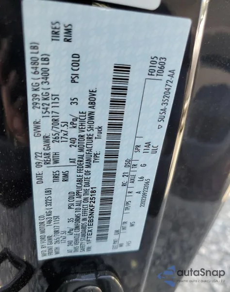 2022 Ford F150 Super Cab z USA, uszkodzony, nr VIN 1FTEX1EB5NKF25181